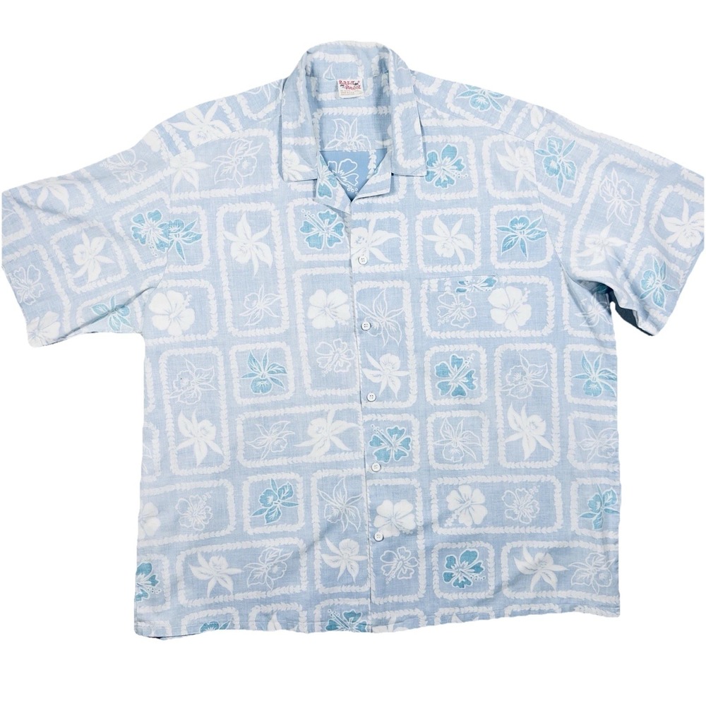 VTG‎ Barefoot In Paradise Hawaiian Camp Shirt Mens 2XL Blue Floral Hibiscus USA
